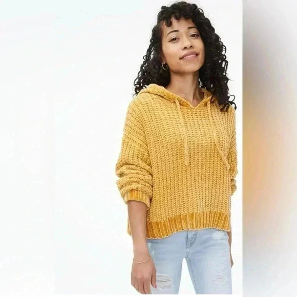 Mustard Yellow Long Sleeve‎ Hooded Knit Sweater Size Small - Picture 1 of 10